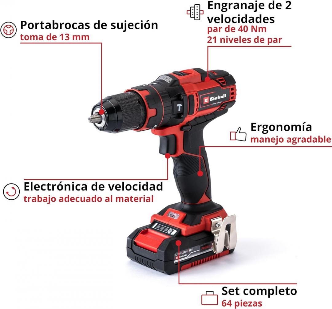 Taladro Percutor atornillador a batería con maletín KIT 64 piezas 18/40 EINHELL - Imagen 3